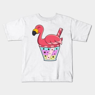 Flamingo with Mug of Juice & Drinking straw Kids T-Shirt